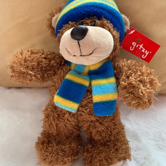 Gitzy 2017 Brown Teddy Bear Plush Blue & Yellow stripe pattern Hat and Scarf 8" - Picture 2 of 12
